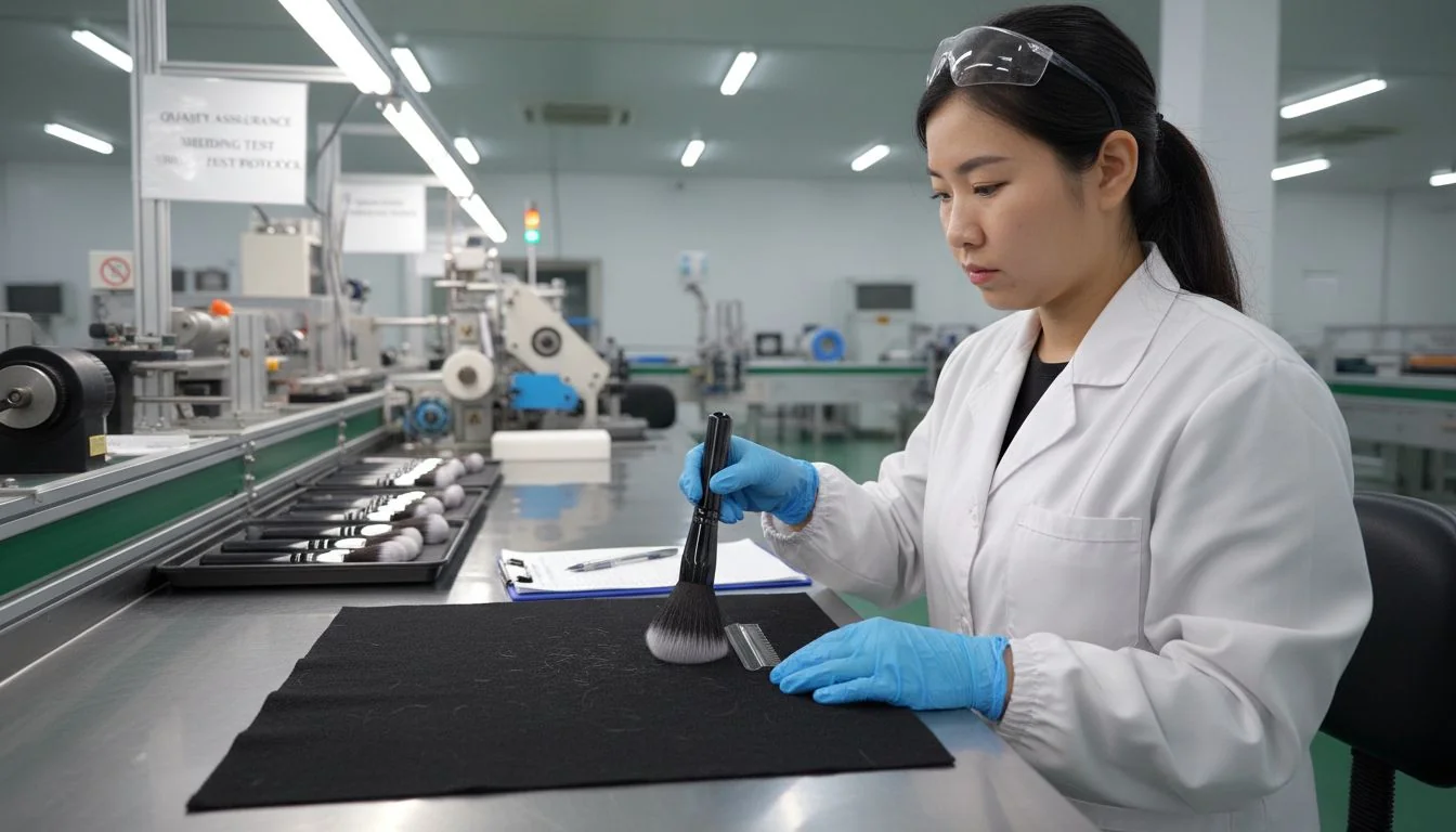 Makeup brush quality control testing An image of a quality control inspector performing a shedding test on a makeup brush in a factory setting.