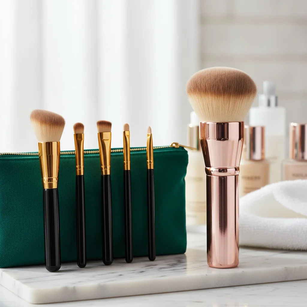 A 5-piece brush set next to a single luxury foundation brush