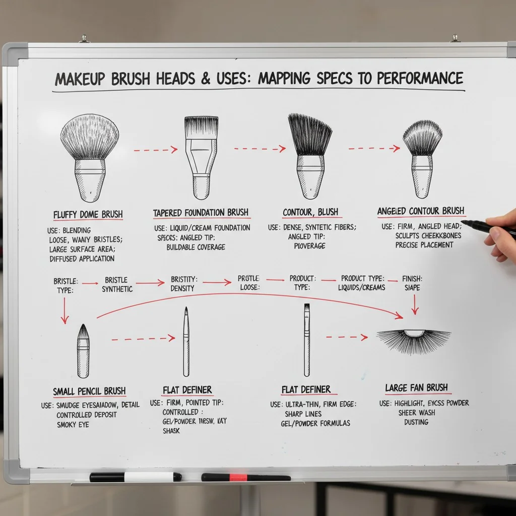 Diagram showing different makeup brush heads and their uses