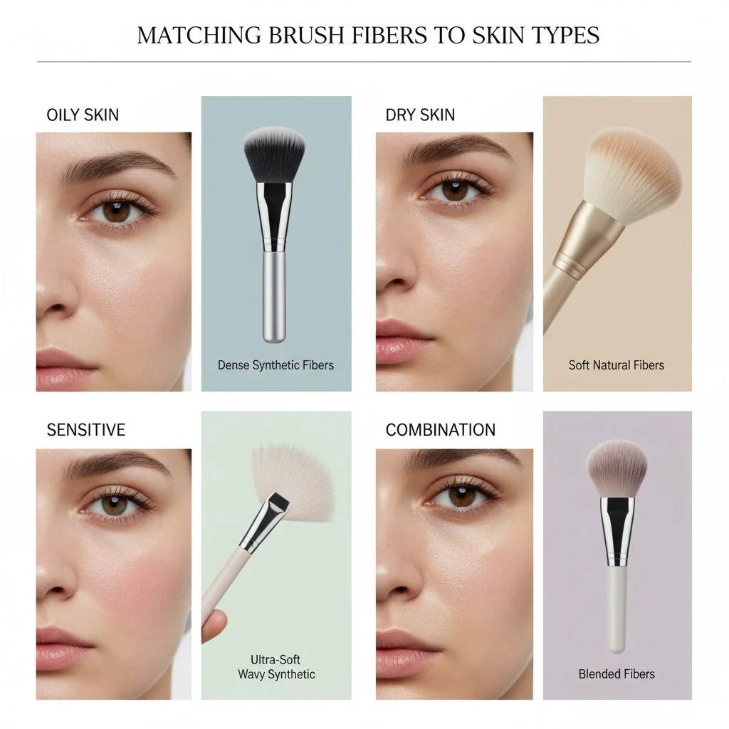 Four quadrants showing different skin types (oily, dry, sensitive, combination) with the corresponding ideal makeup brush head next to each.