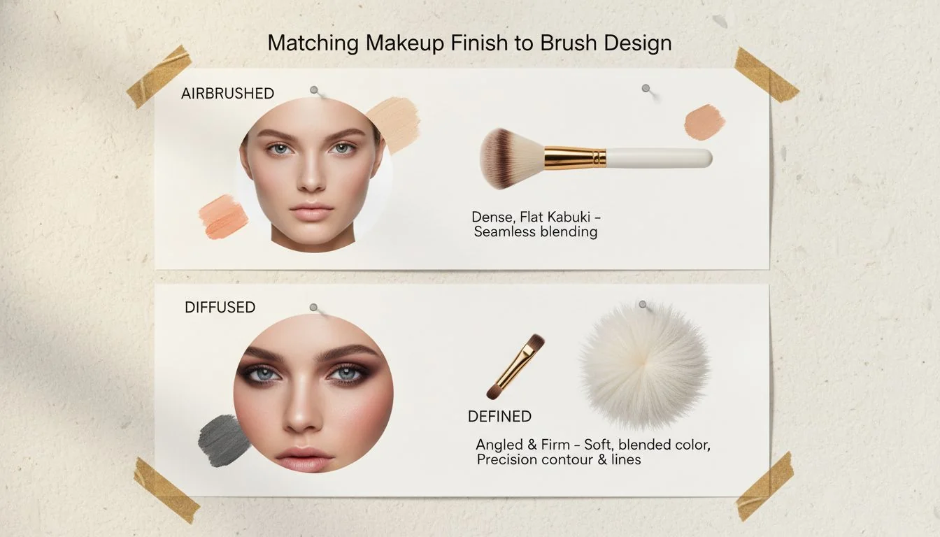 Matching Makeup Finish to Brush Design A mood board showing different makeup finishes like 'airbrushed', 'diffused', and 'defined' next to corresponding brush heads.