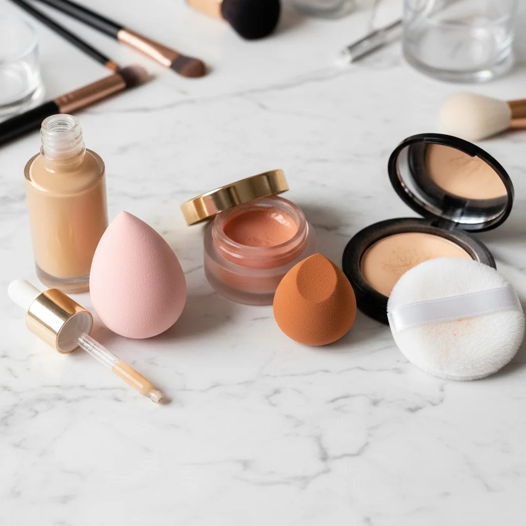 Three different makeup formulas - liquid, cream, and powder - with corresponding sponges