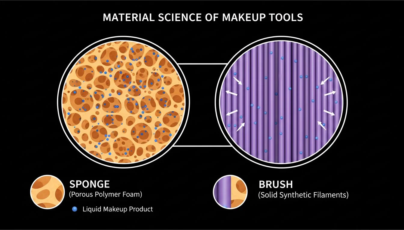 Material Science of Makeup Tools A diagram showing the porous structure of a sponge versus the solid filaments of a brush