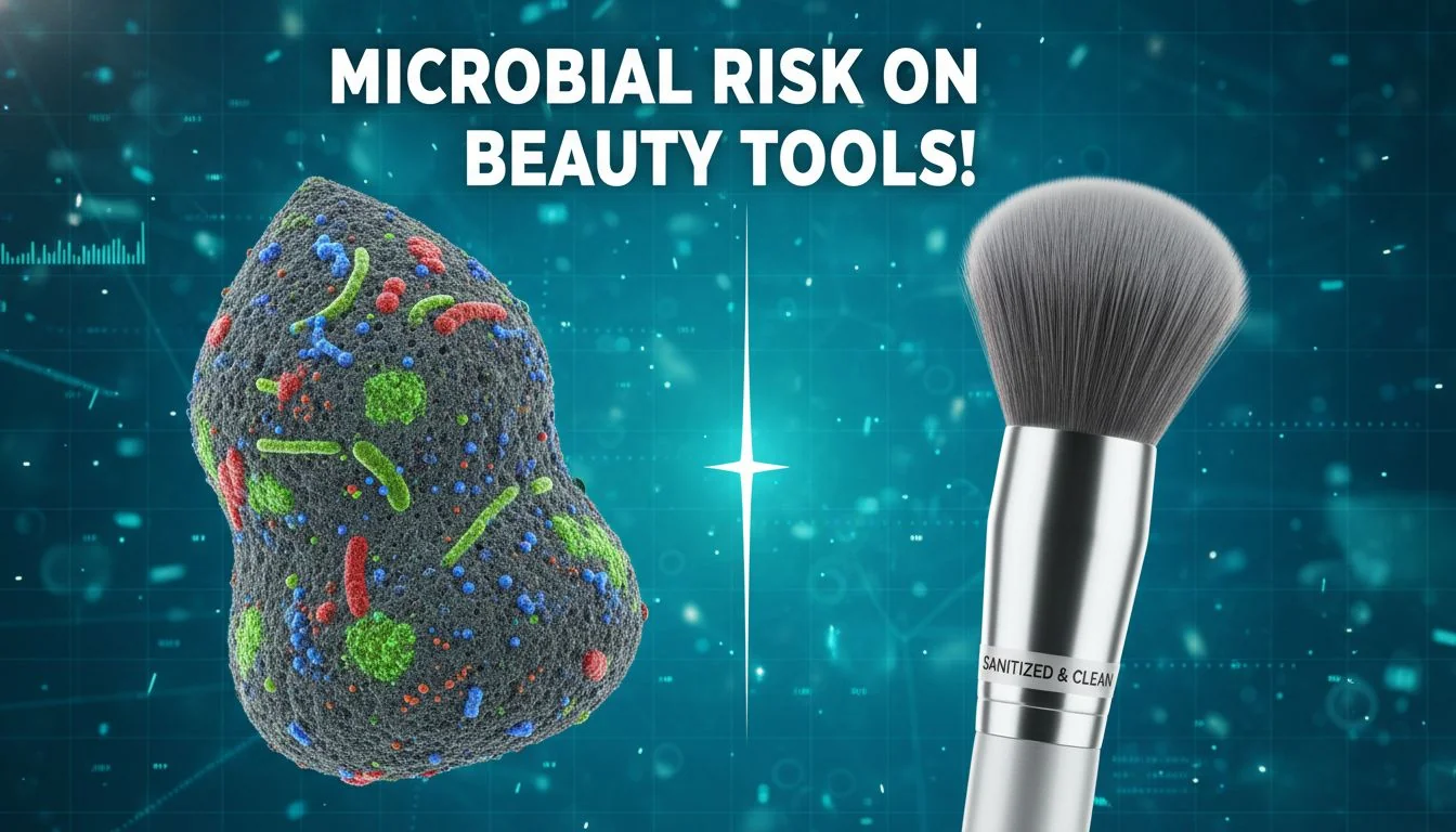 A microscopic image of bacteria on a sponge next to a clean, sanitized brush.