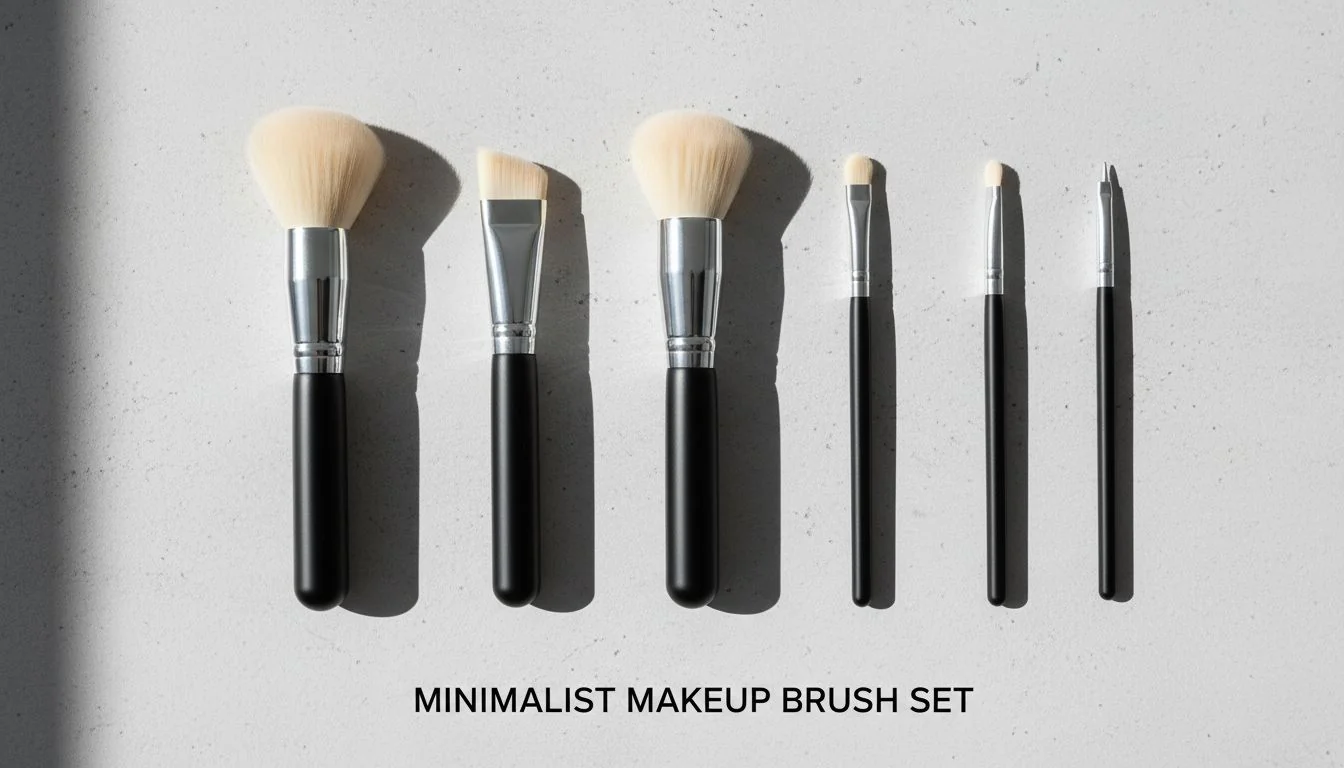 A clean, minimalist flat lay of the six essential makeup brushes