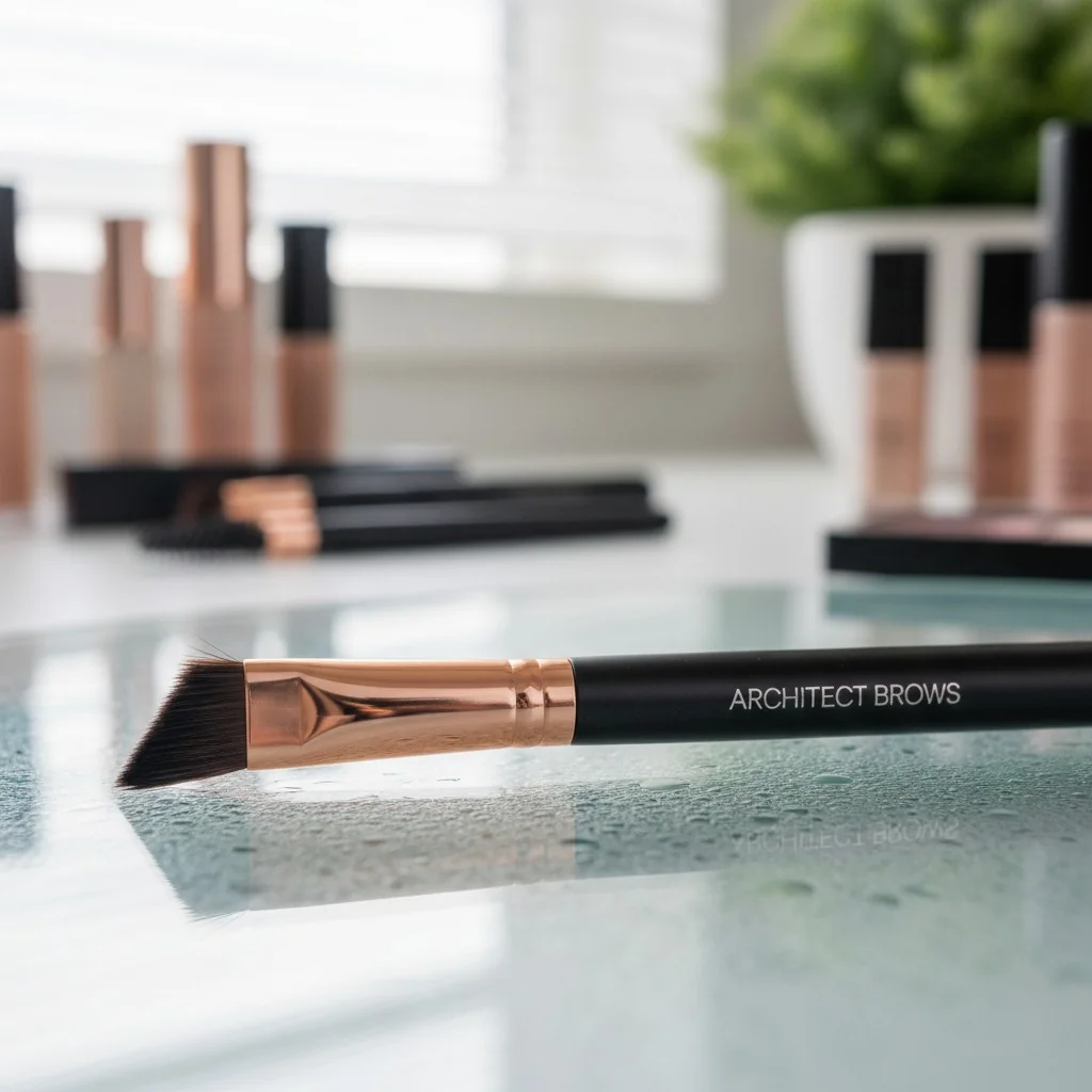 Close-up shot of a modern, high-quality angled eyebrow brush tip and a spoolie.