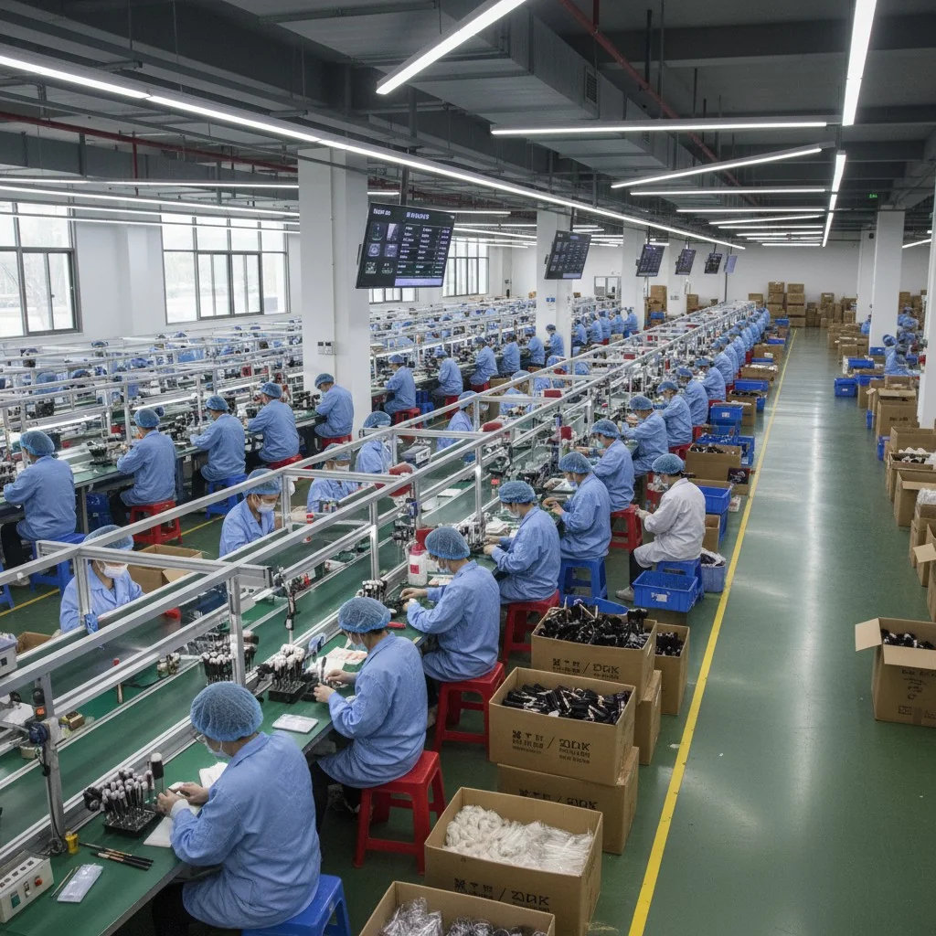 A bustling, modern makeup brush factory in China, showing workers at assembly stations.