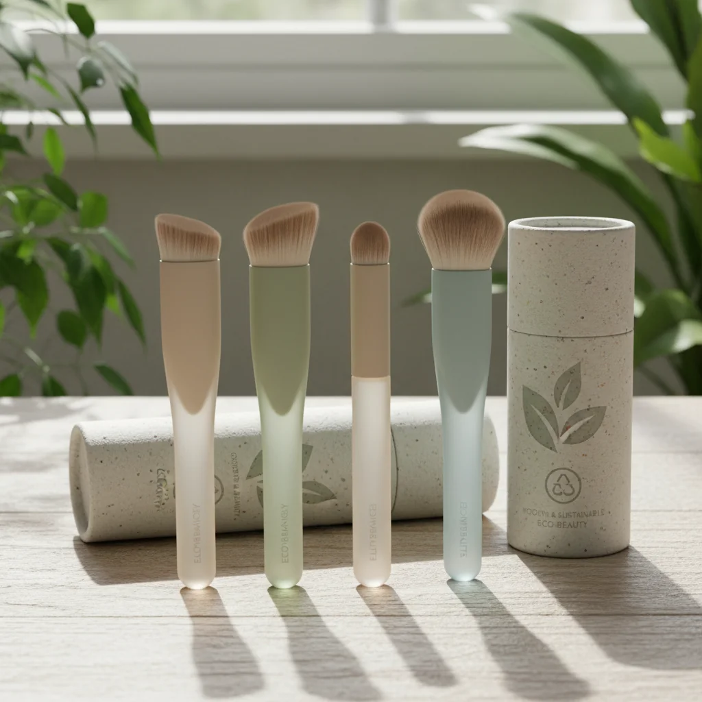 A modern makeup brush set featuring ergonomic handles and recycled packaging.