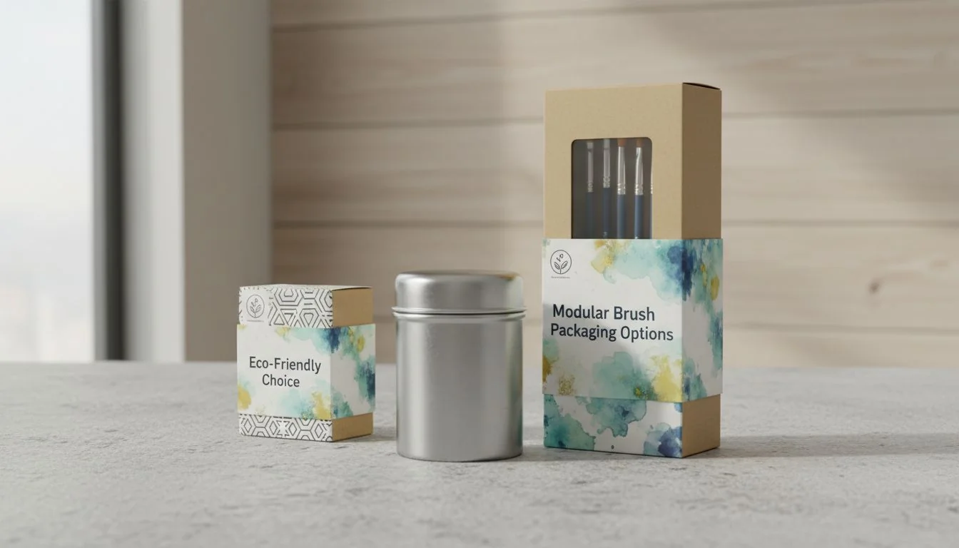 Modular Brush Packaging Options An image showcasing modular packaging options: a standard tin, a box, and a custom-printed sleeve.