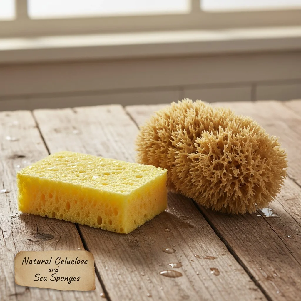 A yellow cellulose sponge and a natural sea sponge on a wooden surface