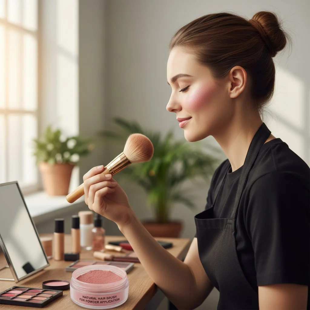 A makeup artist using a natural goat hair brush to apply blush to a model's cheek, showing a soft, diffused effect.