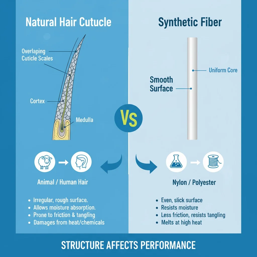 An infographic comparing the cuticle structure of natural animal hair versus smooth synthetic fiber.