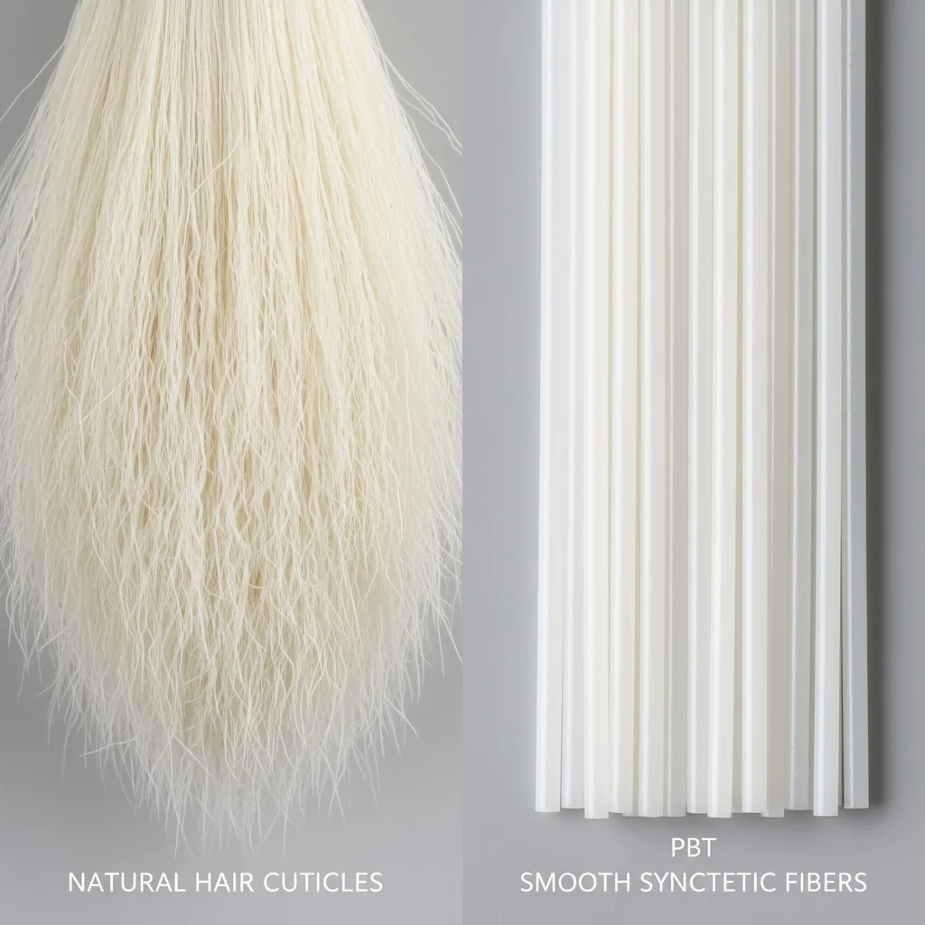 Close-up shot of natural goat hair bristles next to smooth synthetic PBT fibers.