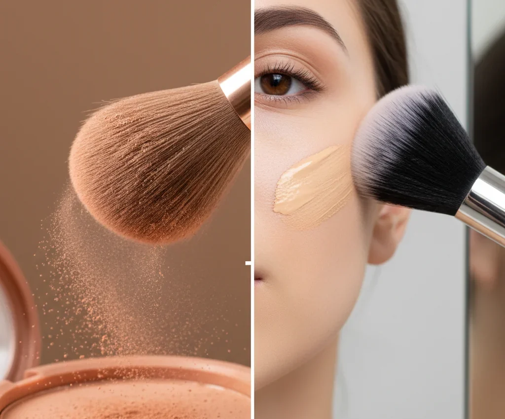 Side-by-side comparison of a natural hair brush picking up powder and a synthetic brush applying liquid foundation.