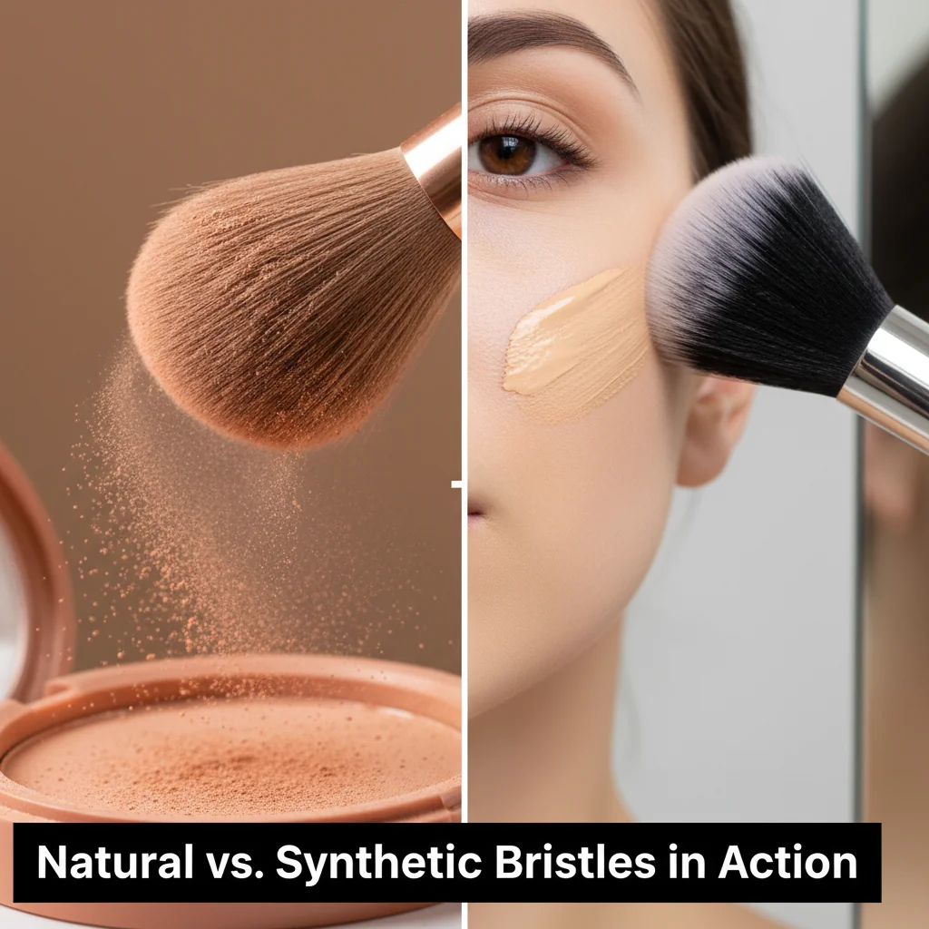 Side-by-side comparison of a natural hair brush picking up powder and a synthetic brush applying liquid foundation.