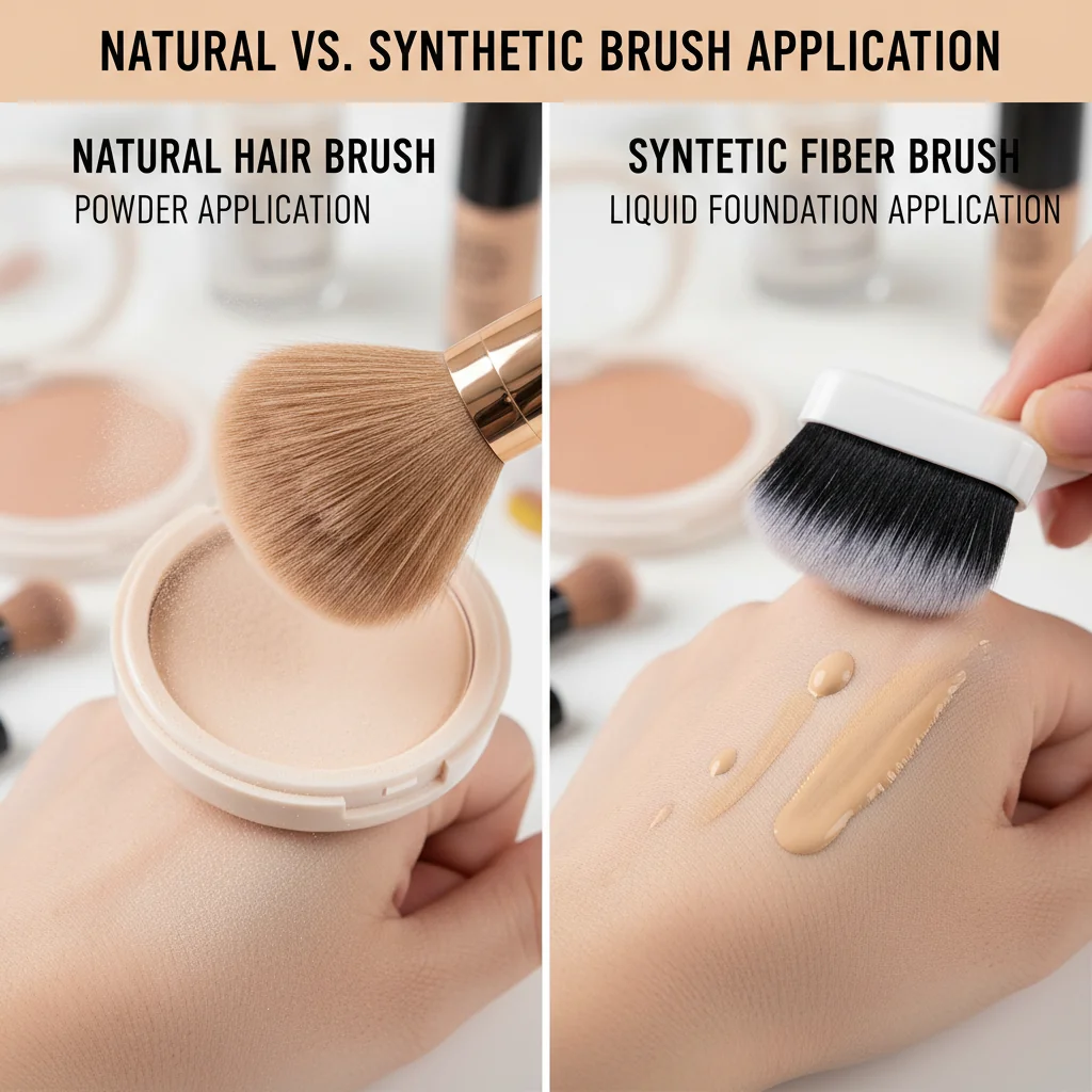 A side-by-side comparison of a natural hair brush applying powder and a synthetic brush applying liquid foundation.