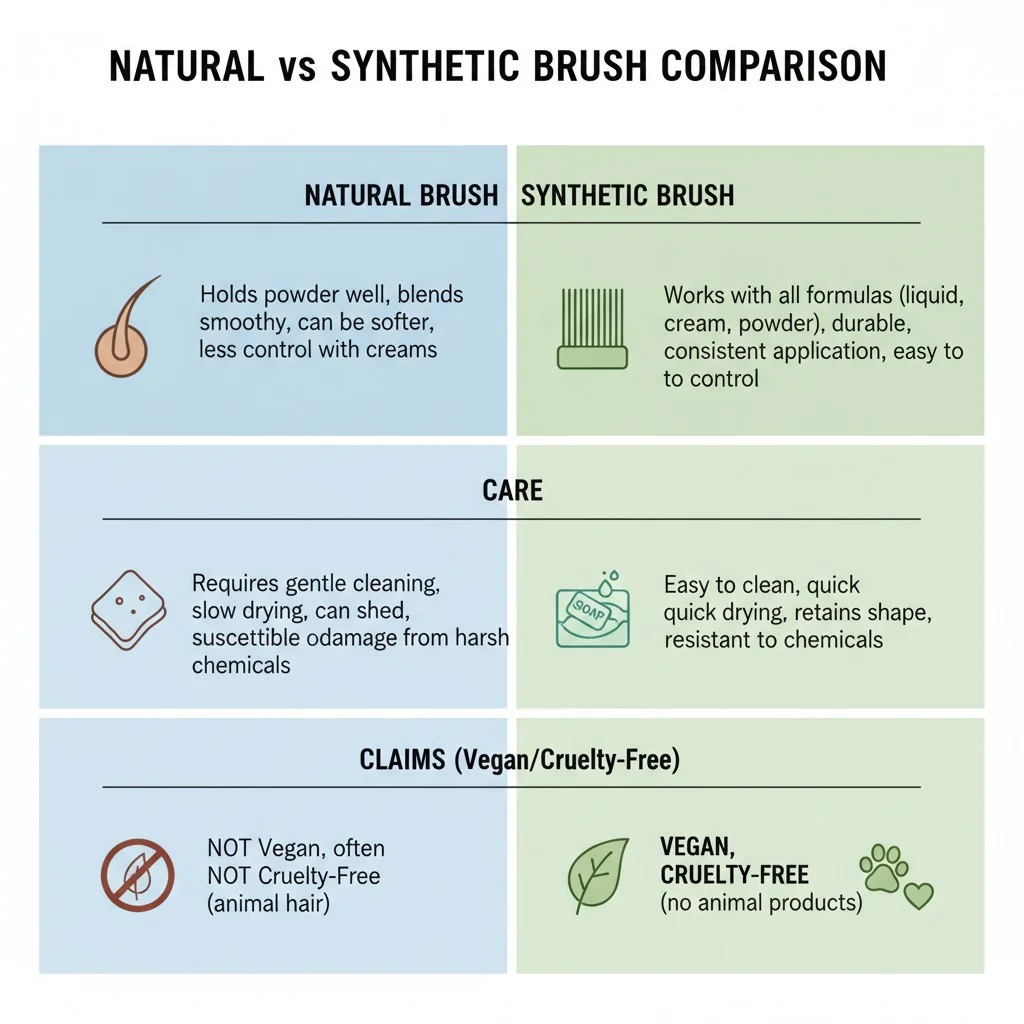 An infographic-style image comparing a natural brush and a synthetic brush on three points: Performance, Care, and Claims (Vegan/Cruelty-Free).