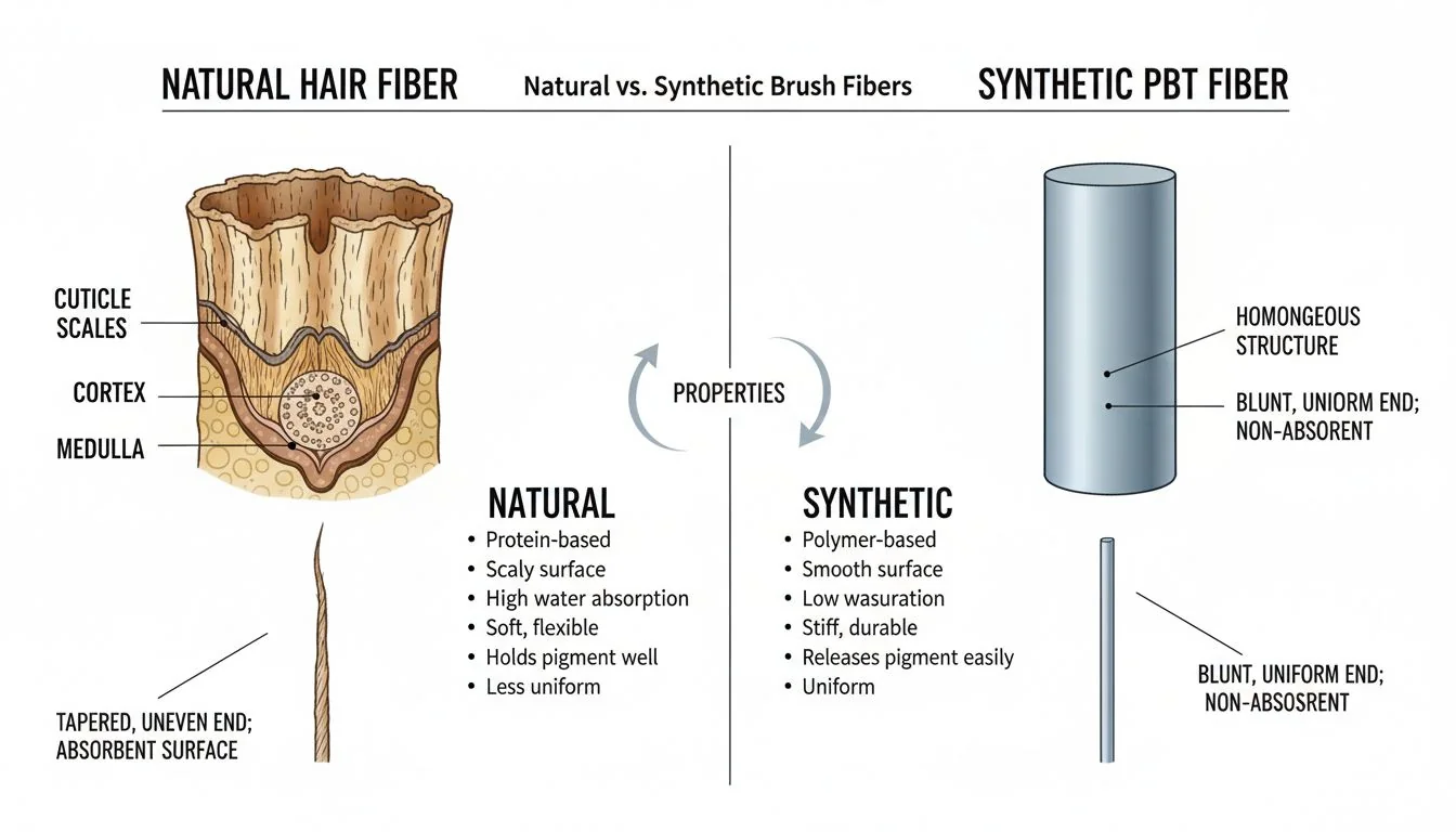 A diagram comparing the structure of a natural hair fiber versus a synthetic PBT fiber.