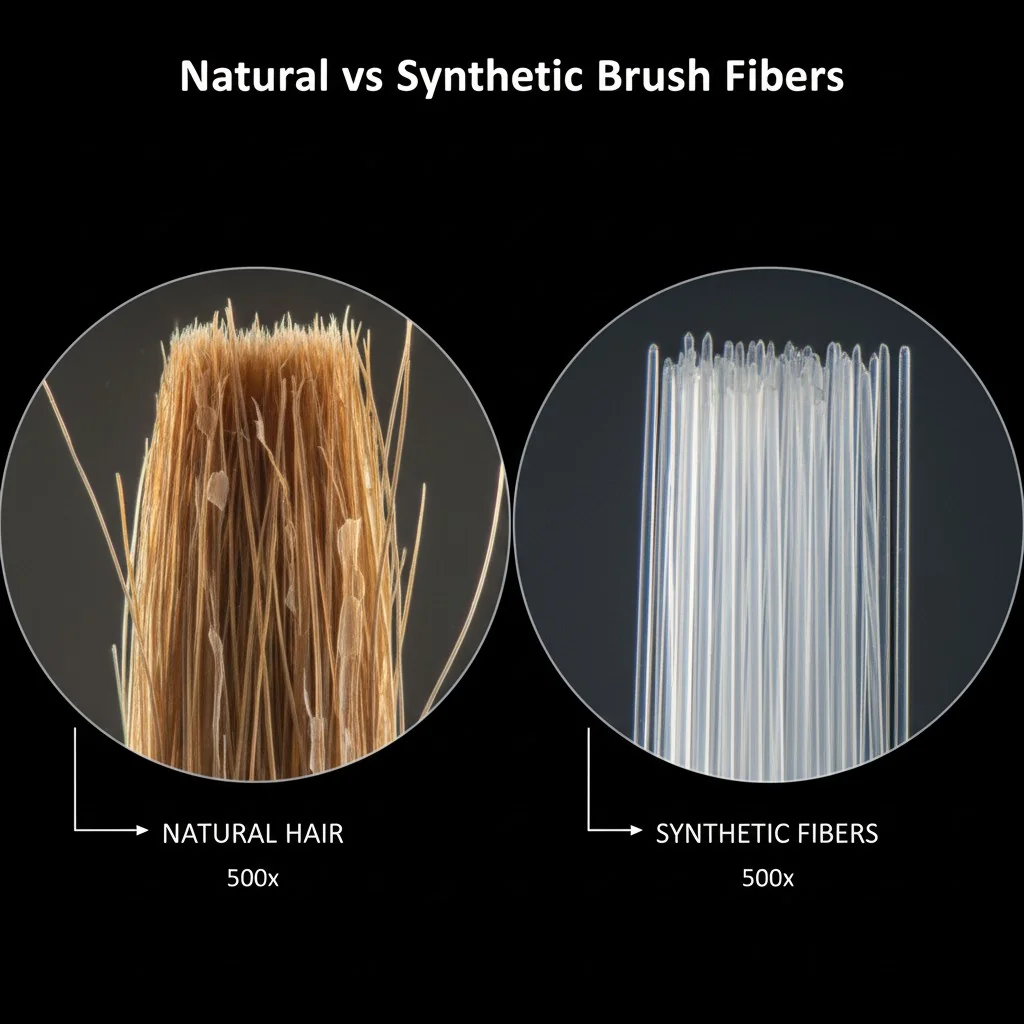 An image showing a side-by-side comparison of a natural hair brush tip and a synthetic brush tip under a microscope.