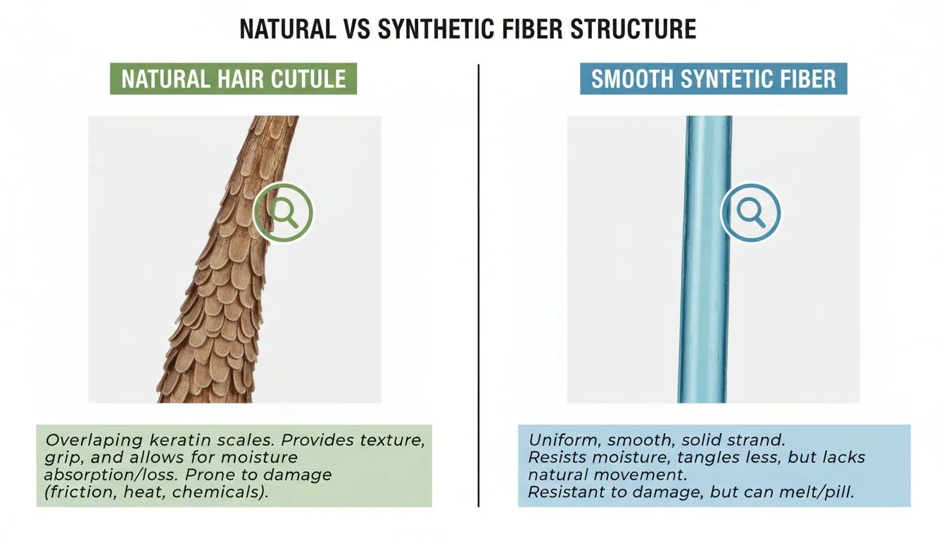 An infographic comparing the microscopic view of a natural hair cuticle versus a smooth synthetic fiber.