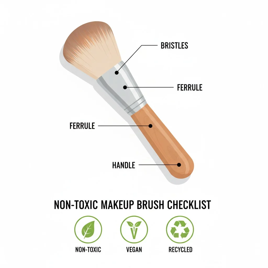An infographic-style image showing a makeup brush with callouts pointing to the bristles, ferrule, and handle, with icons for 'non-toxic,' 'vegan,' and 'recycled.'