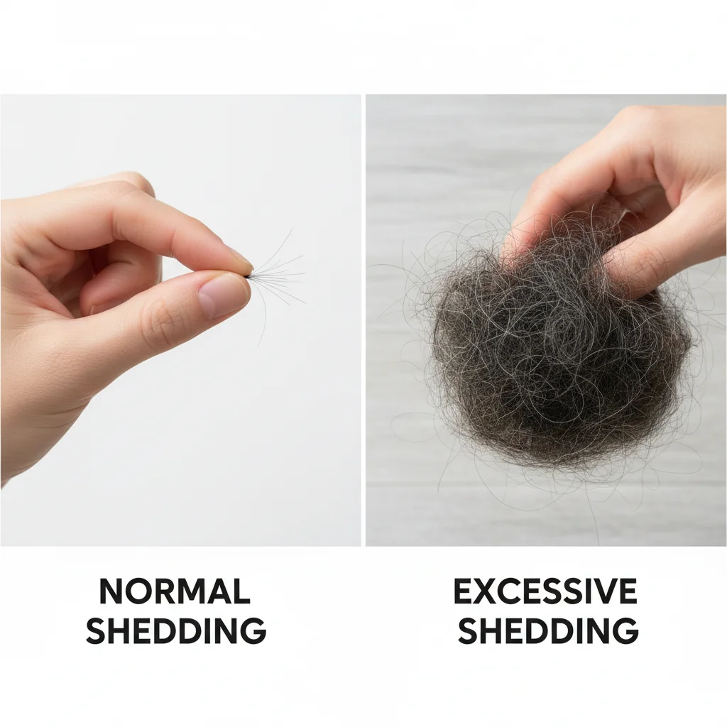 A side-by-side comparison: one hand holding a few loose brush hairs (normal), the other holding a large clump of hairs (excessive).