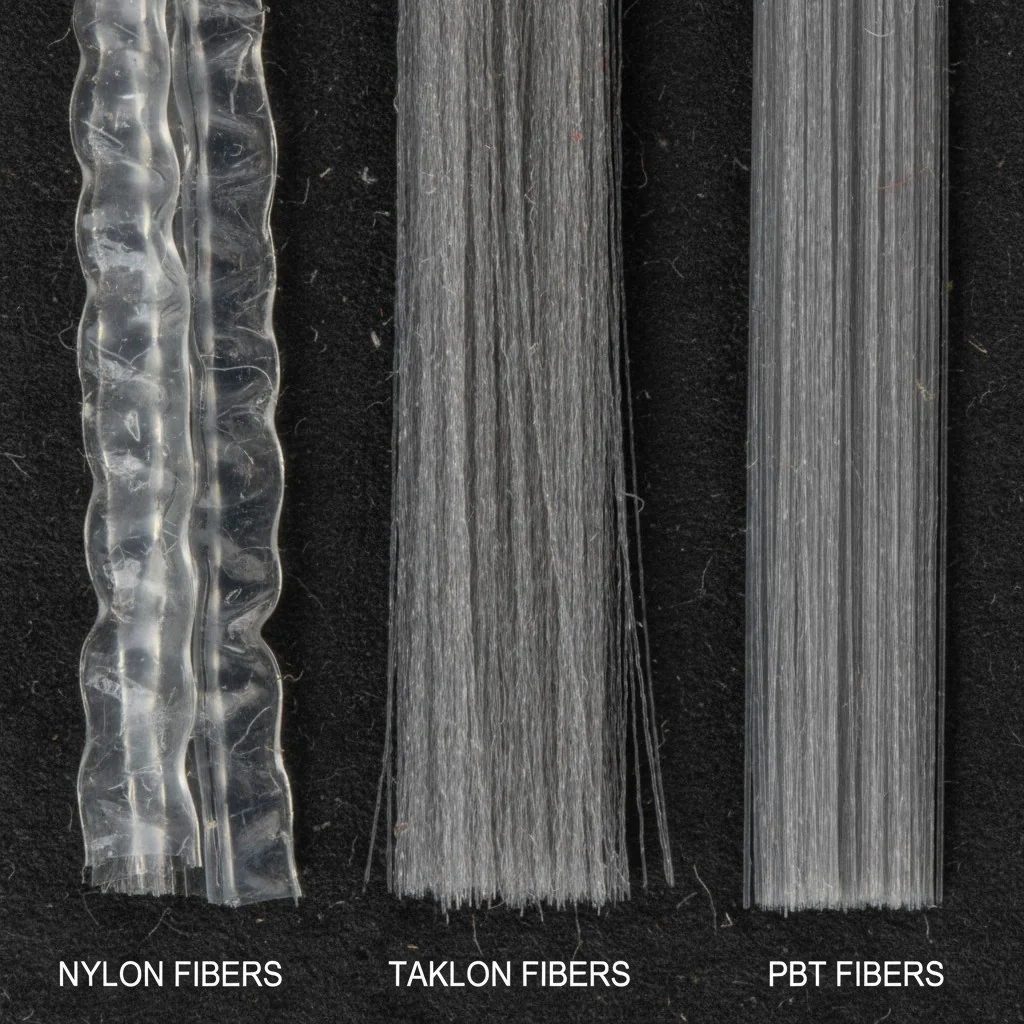 A macro photo comparing three different synthetic fiber types side-by-side, highlighting differences in texture and finish.