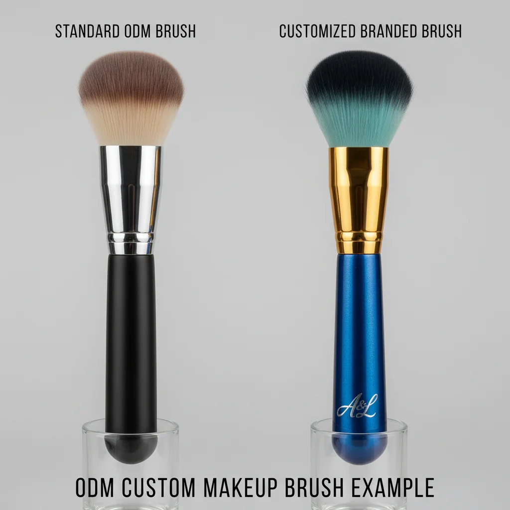 A side-by-side comparison of a standard ODM brush and a customized version with a brand's logo and color.