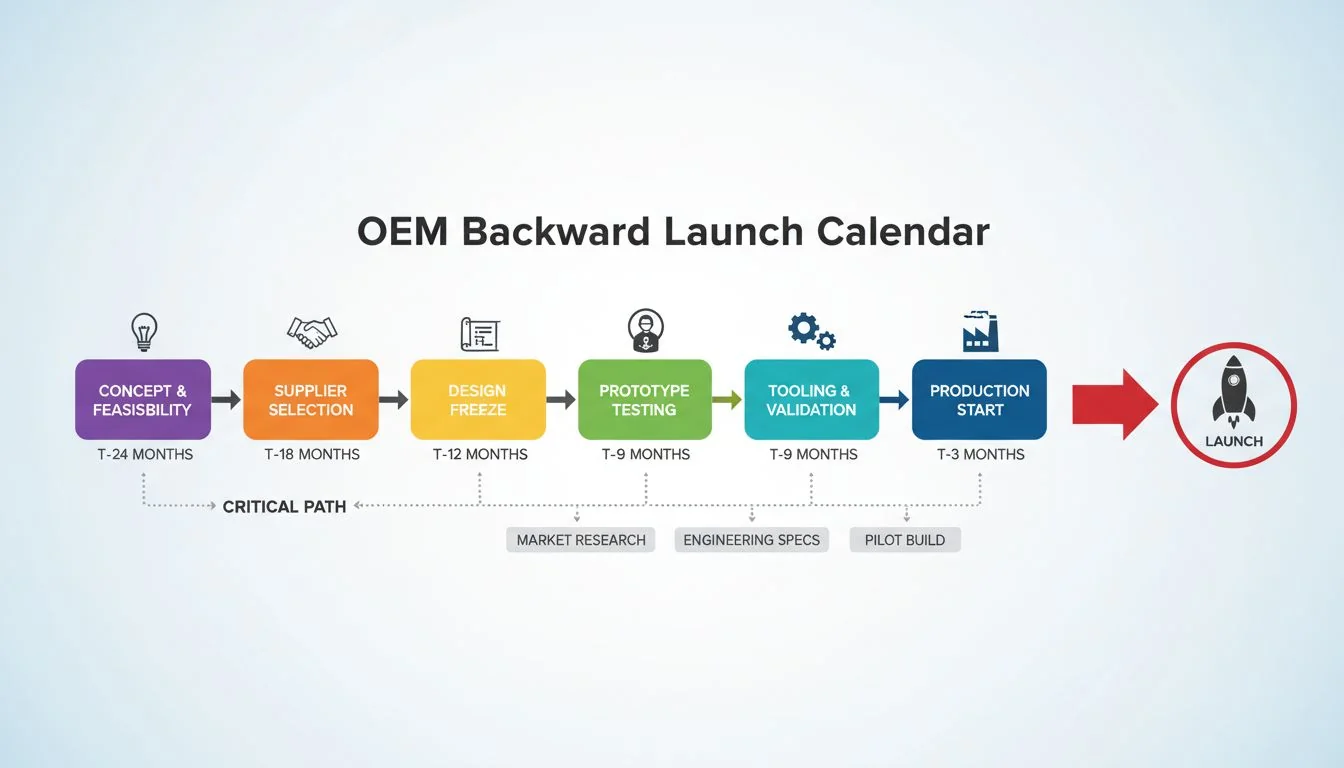 OEM Backward Launch Calendar A calendar or timeline graphic showing the backward plan from launch to concept.