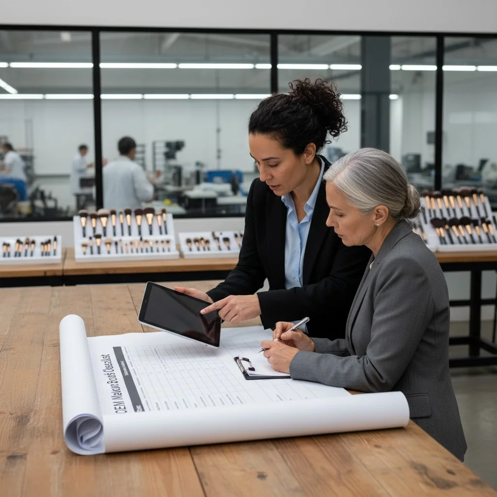 A person reviewing a technical specification sheet for makeup brushes with a supplier.
