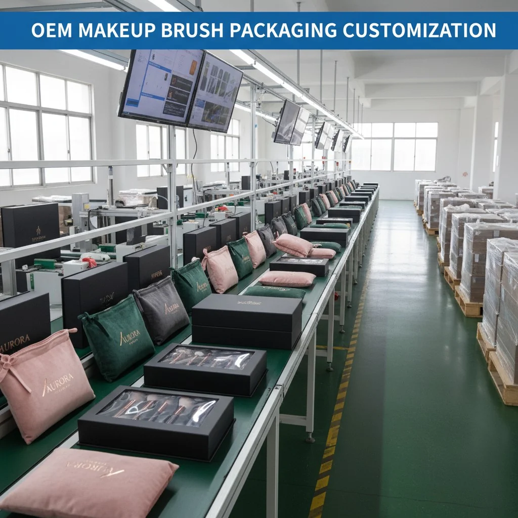 An assembly line showing custom makeup brush packaging, including branded pouches and rigid boxes.