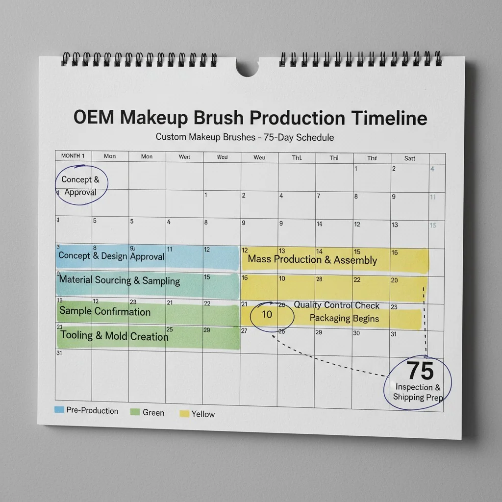 A calendar showing a 75-day production timeline for custom makeup brushes.