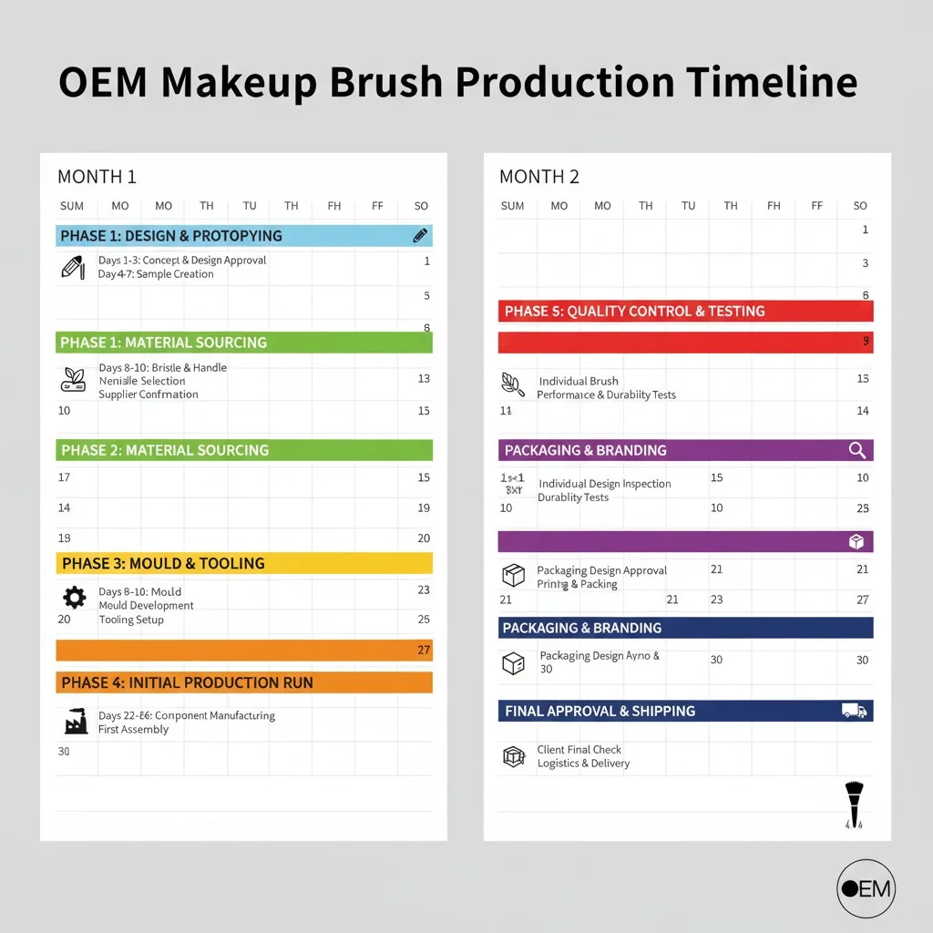 A calendar graphic showing a typical 60-day production timeline for custom makeup brushes