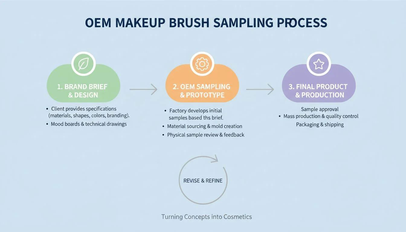 OEM Makeup Brush Sampling Process An infographic showing the process from brand brief to OEM sample to final product.