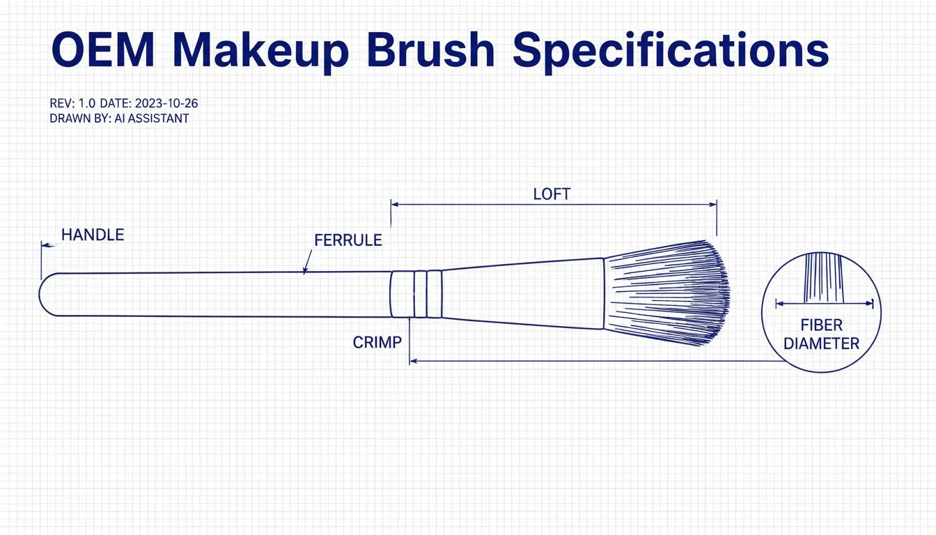 OEM Makeup Brush Specifications A technical drawing of a makeup brush with labels for handle, ferrule, crimp, loft, and fiber diameter