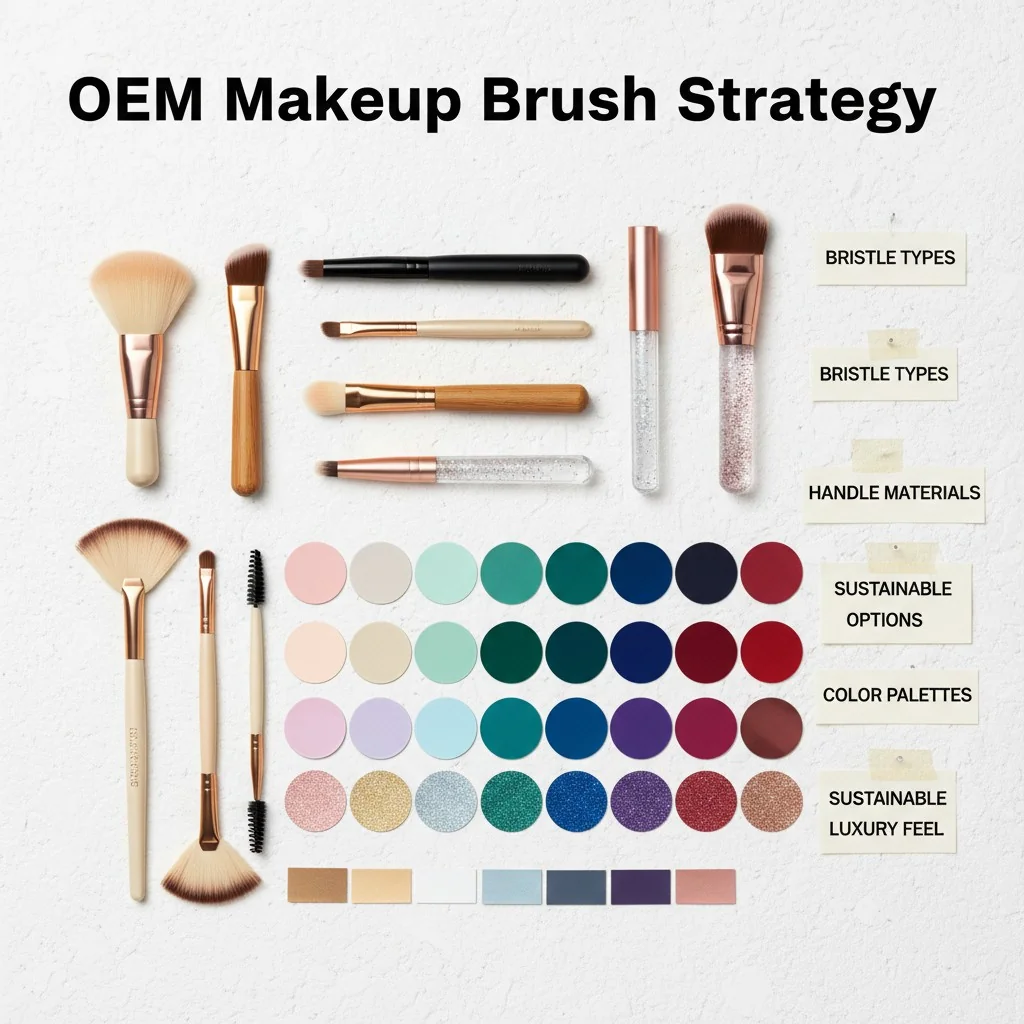 A mood board showing different brush shapes, handles, and color swatches for an OEM project.