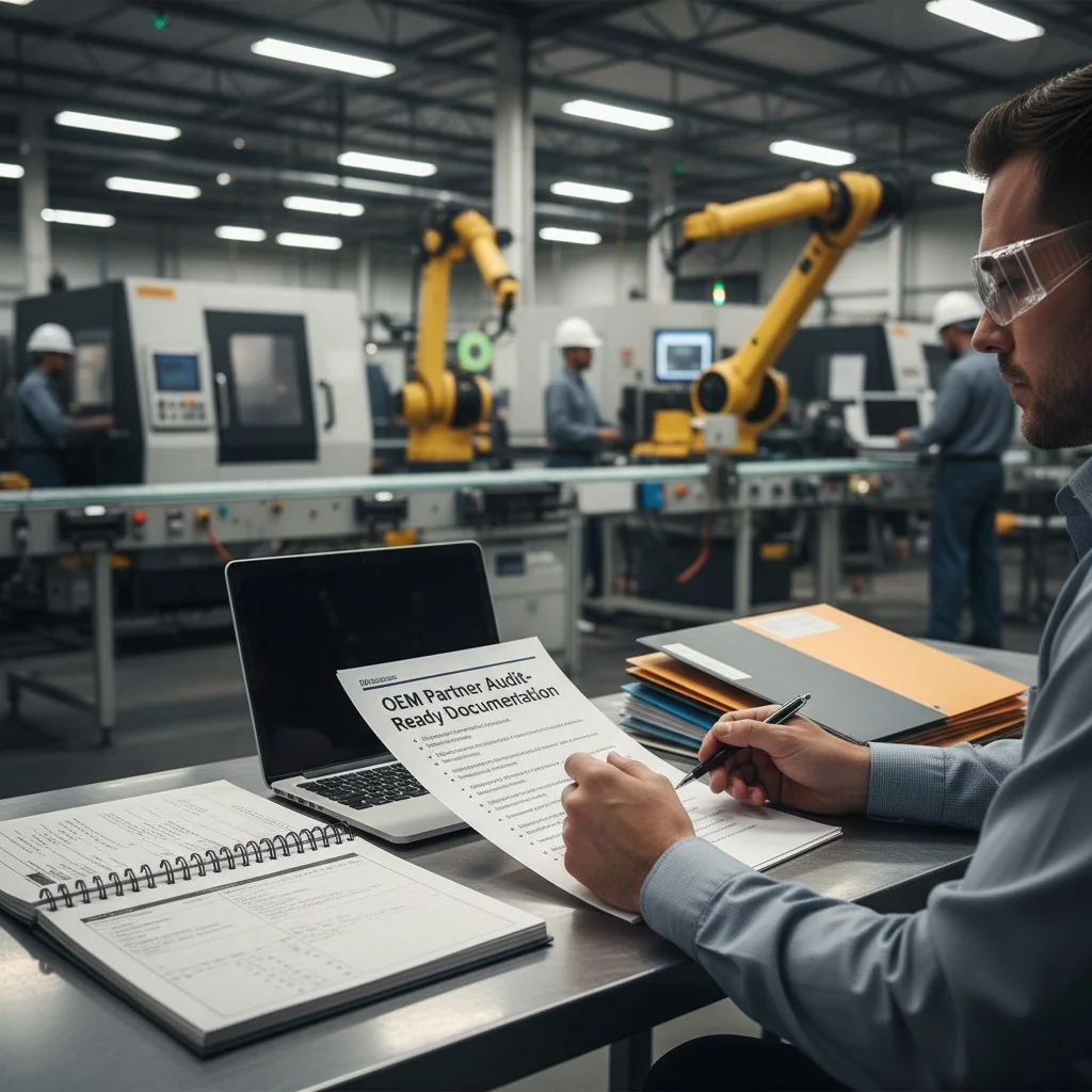 A person at a desk reviewing a checklist of documents, with factory equipment visible in the background.