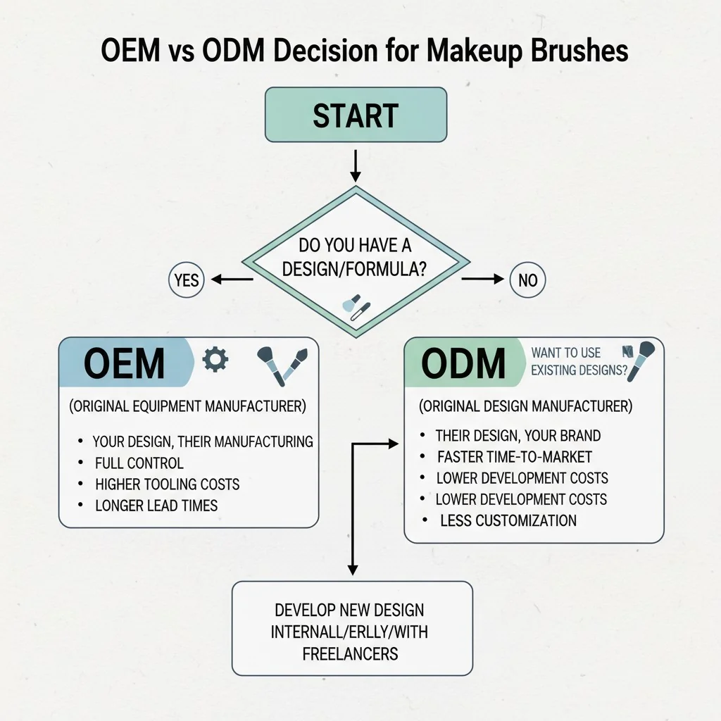 A decision tree graphic showing the path to choosing between OEM and ODM for a new brush line.