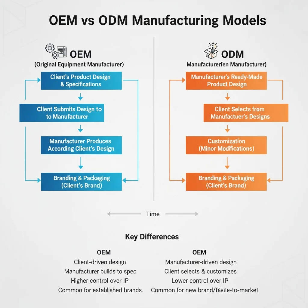 A diagram or infographic comparing the OEM and ODM process flows side-by-side.