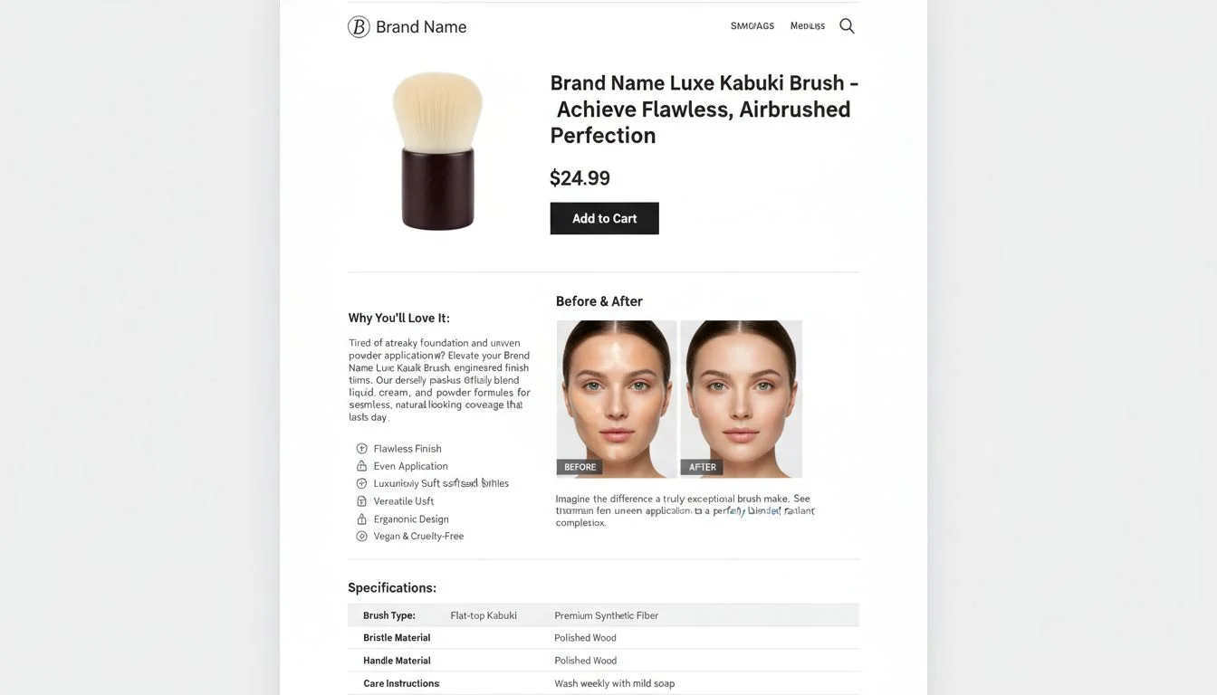 A product listing page for a kabuki brush showing benefit-led copy and a spec table