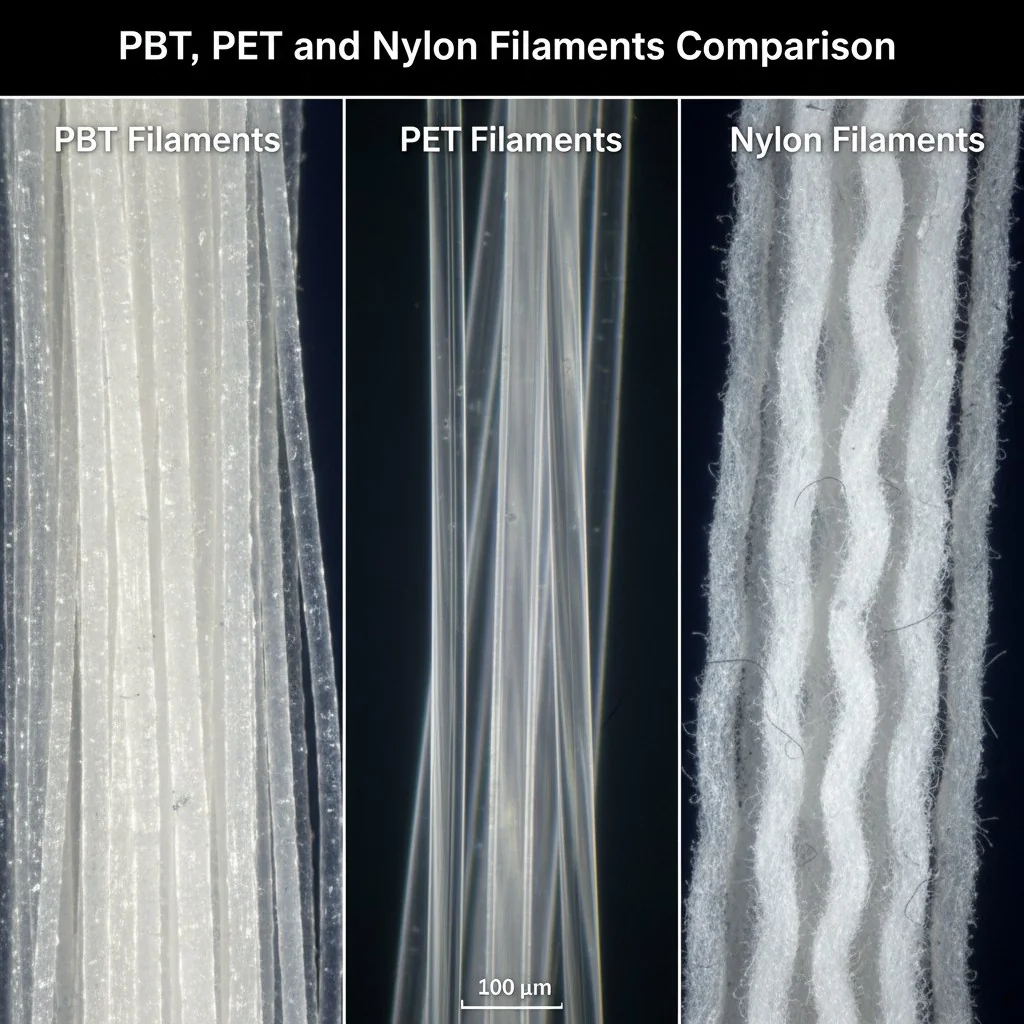A side-by-side comparison of PBT, PET, and nylon filaments under a microscope