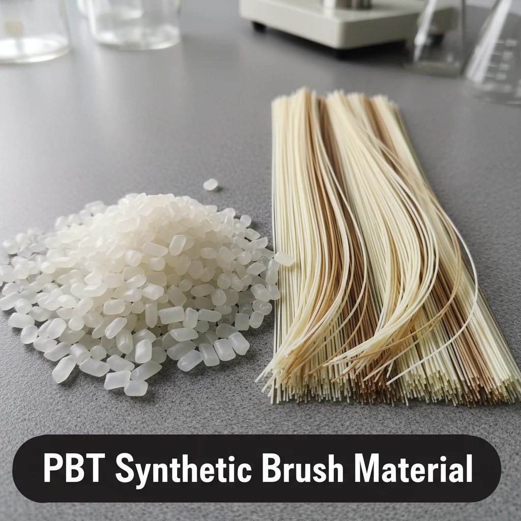 Raw PBT polymer pellets next to finished synthetic brush filaments