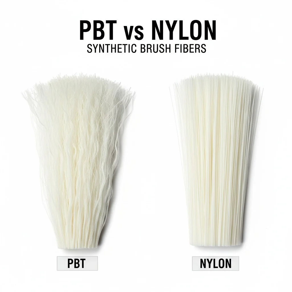 An image showing a comparison of different synthetic brush fibers, with labels for PBT and Nylon.