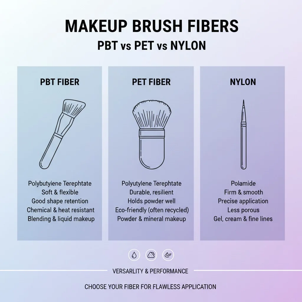 An infographic comparing PBT, PET, and Nylon fibers for makeup brushes