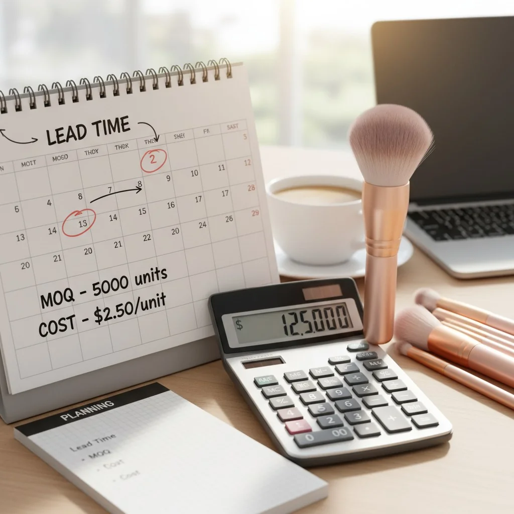 A calendar and calculator next to a makeup brush, symbolizing planning for lead time and cost.