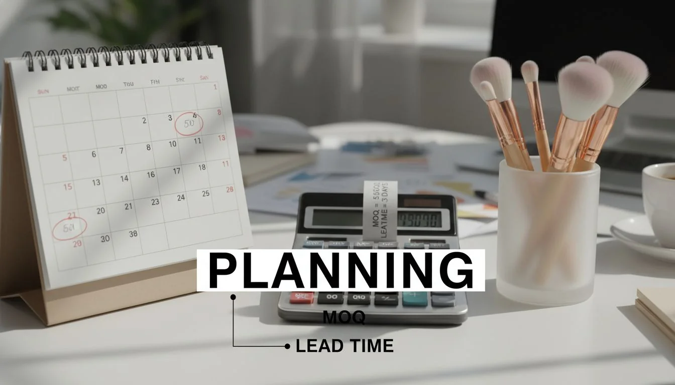Planning MOQ and Lead Time A calendar and a calculator next to a stack of makeup brushes, symbolizing planning