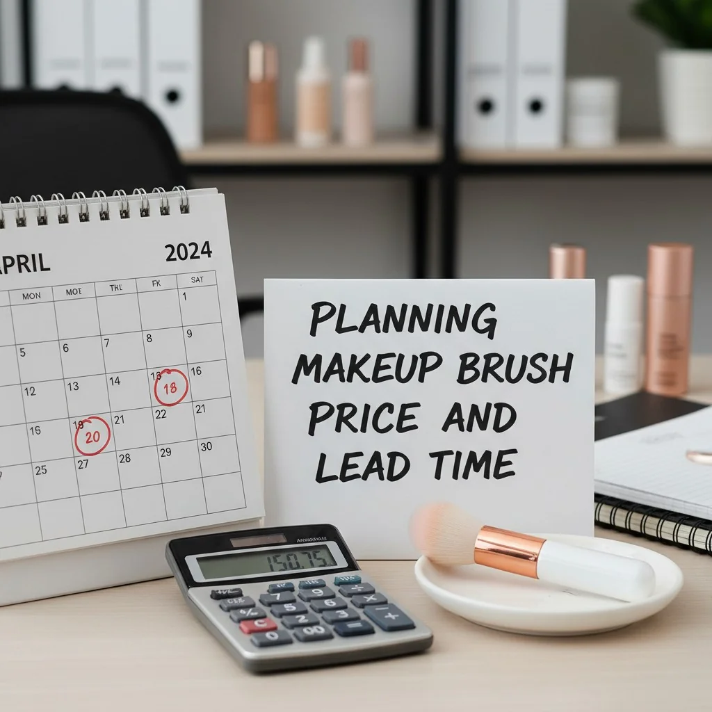 A calendar and calculator next to a sample makeup brush, symbolizing planning
