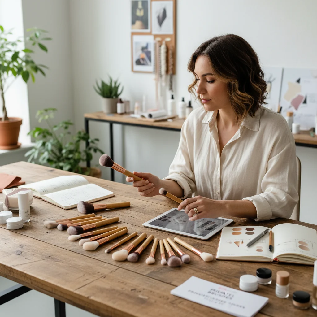 An indie beauty brand founder looking thoughtfully at makeup brush samples.