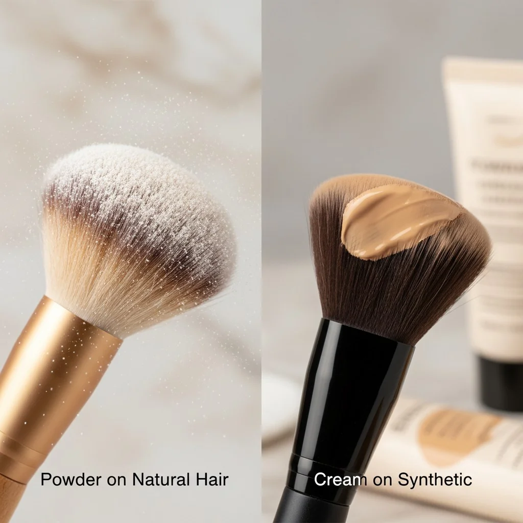 A split image showing powder clinging to a goat hair brush on one side, and cream foundation on a synthetic brush on the other.