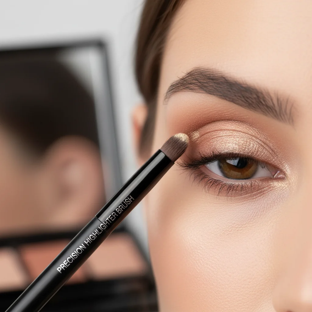 A small pencil brush applying a dot of highlighter to the inner corner of an eye.